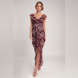 Wayf Burgundy and White Floral Ruffle Maxi Dress